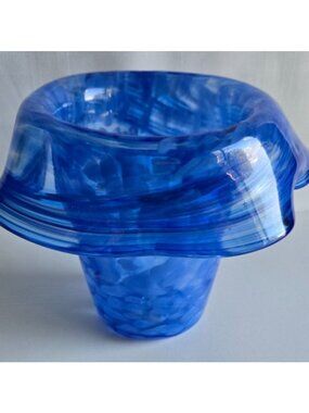Blown Glass VASE Blue and White Swirled Tulip Shape Art Glass 6 x 8 " Stamped BP